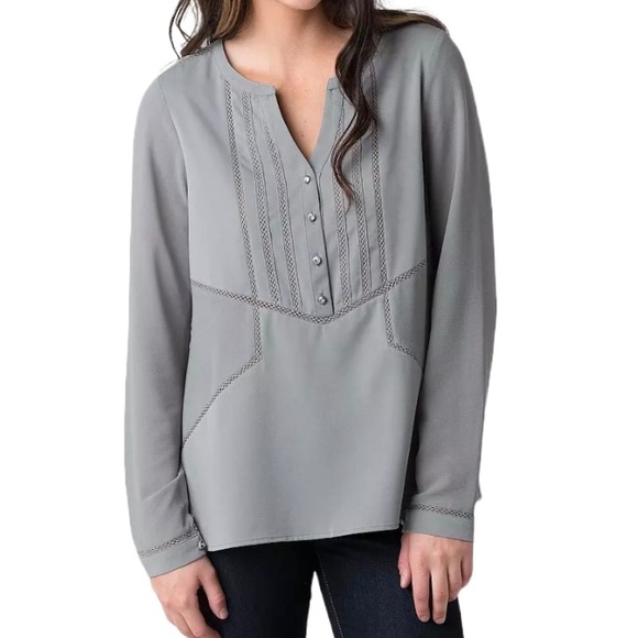 BKE Gray Sheer Silky Henley Tunic Sz S Embellished Gem Buttons Crochet Insets - Picture 3 of 13